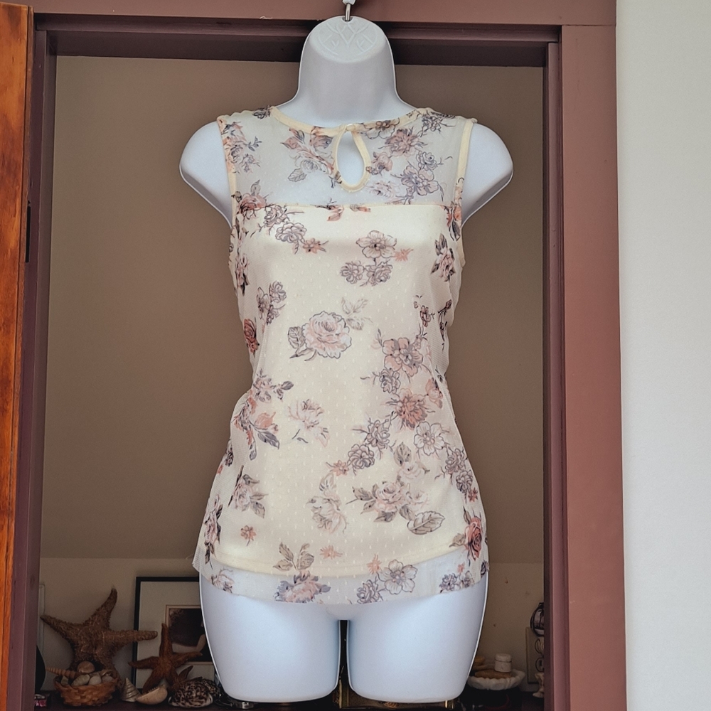 No Boundaries Floral Tank Top Mesh Key-hole Lined Baby Doll Top M NWT